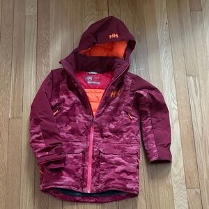 Helly Hansen Kids' Camouflage Ski Coat- Burgundy and Orange